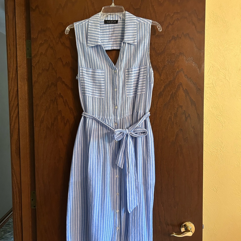 August Silk Blue and White Striped Midi Dress